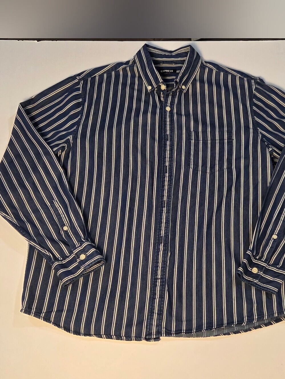 Express Button Down Shirt Blue and White Vertical Stripe Business Casual Size L